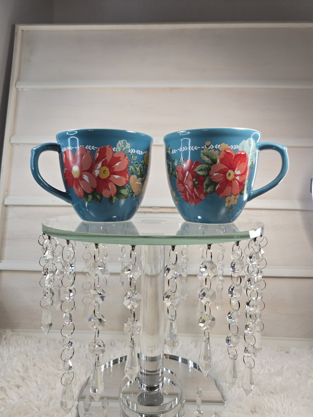 The Pioneer Woman Teal Floral 16oz Mugs with Red Flowers - Set of 2